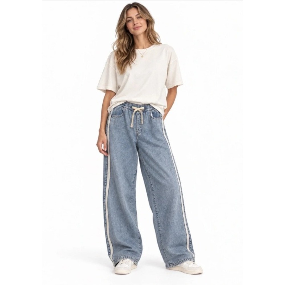 Gap Denim High Rise Wide Leg Jeans Blue Side Stripe Drawstring Pull-On Sporty S